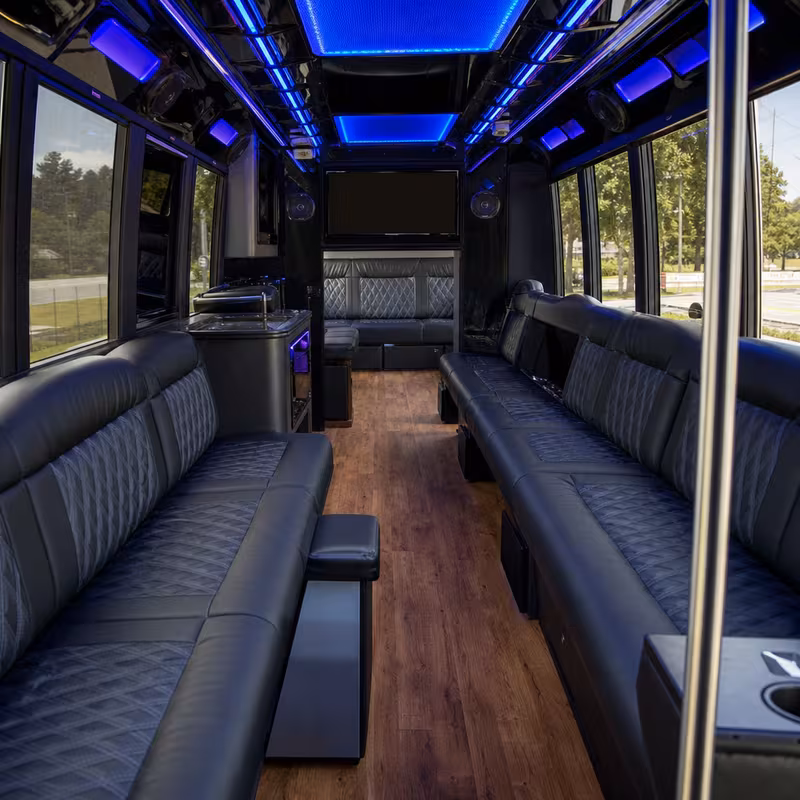 Passenger watching the Raleigh scenery during a regional party bus road trip