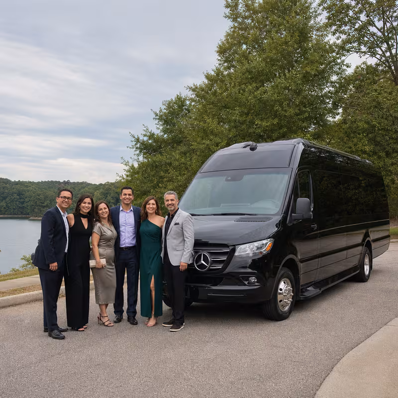 Group beside a Mercedes Sprinter limo from the Raleigh fleet