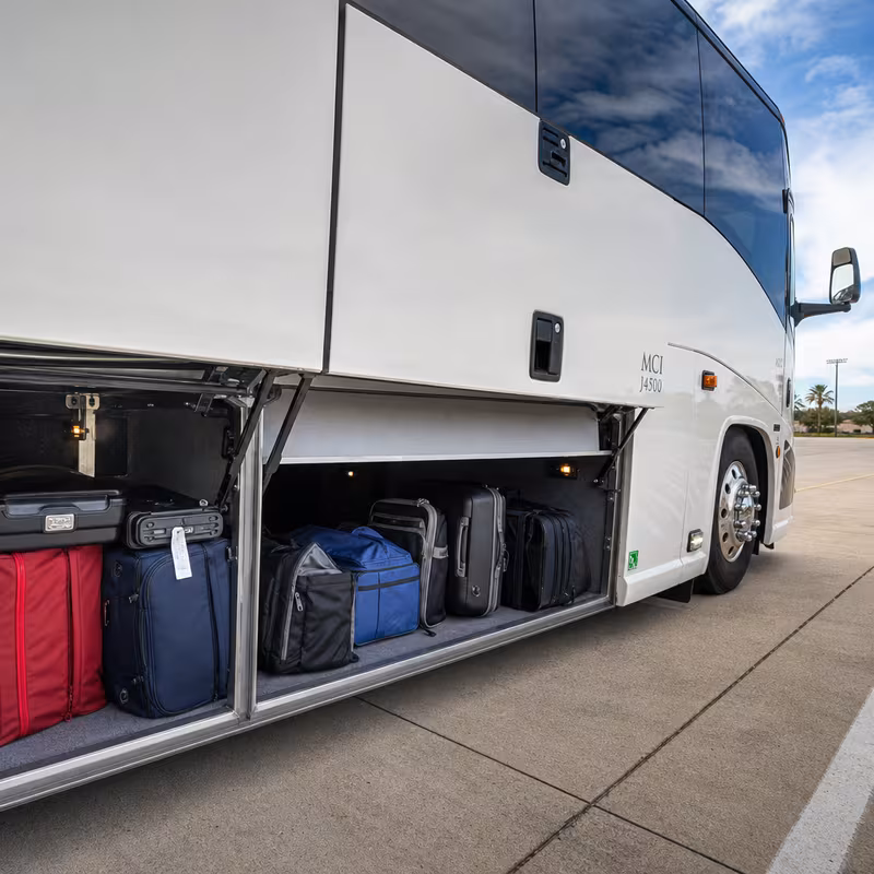 Party bus interior with wraparound leather seating and LED lighting in Raleigh