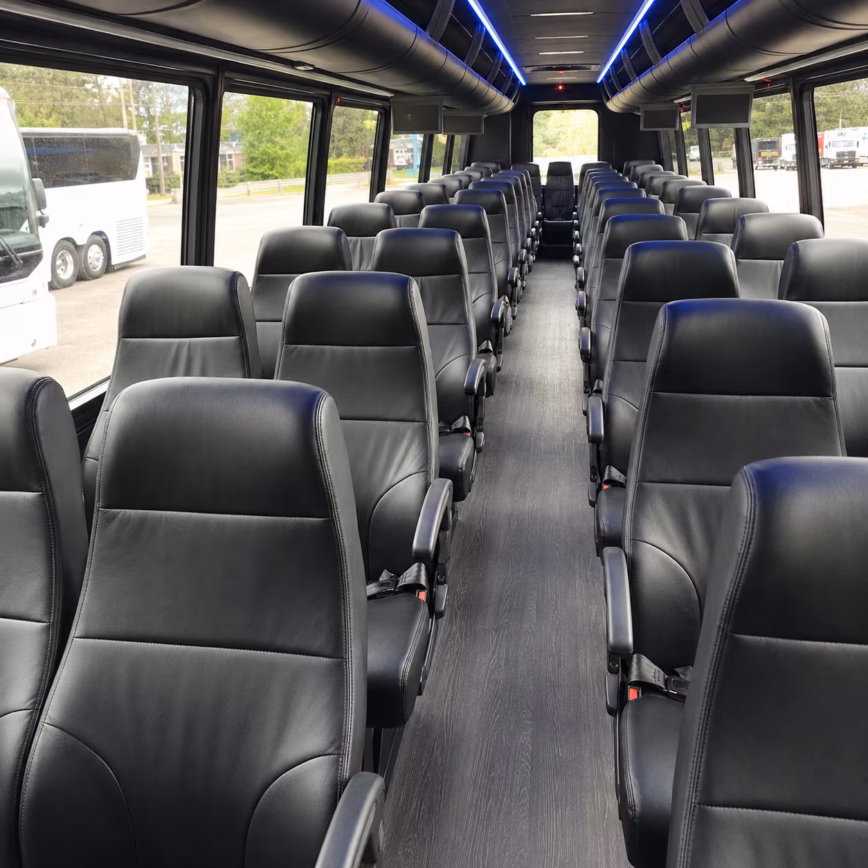 Interior of a party bus rental serving Raleigh