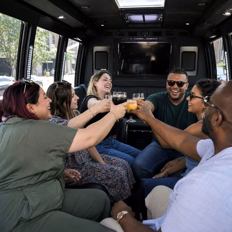 Group boarding a white charter bus for Winery & Brewery Tour Transportation transportation in Raleigh