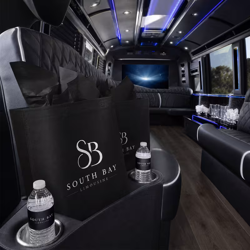 Party bus interior with wraparound leather seating and LED lighting in Raleigh